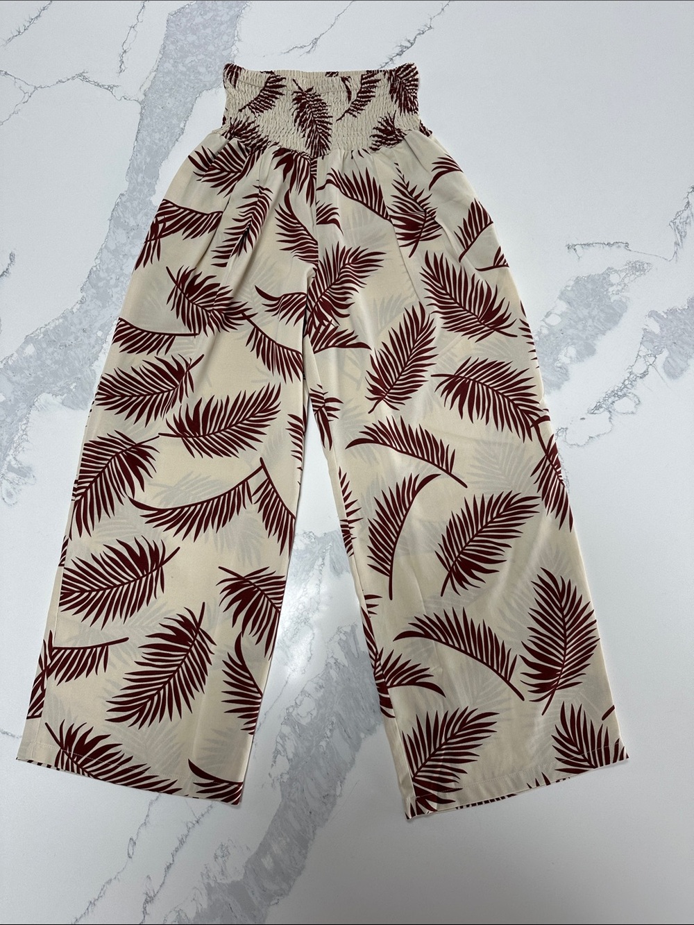 Wide-Leg Cream Pants with Burgundy Leaf Print